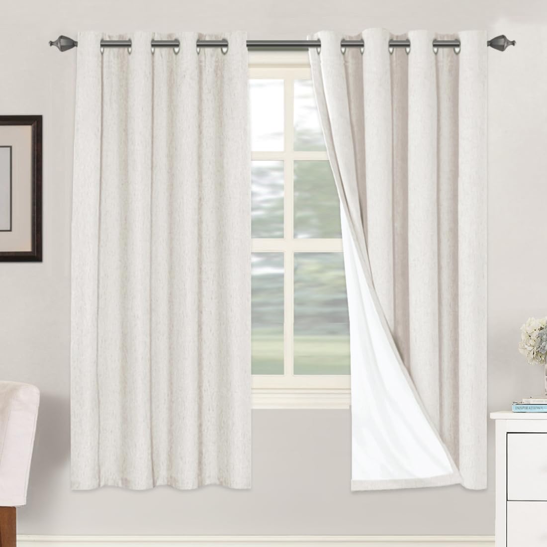 H.VERSAILTEX linen blackout curtains (72in, ivory) providing full light control and privacy.