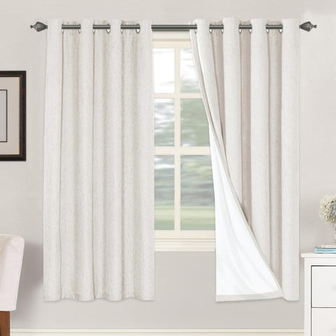 H.VERSAILTEX linen blackout curtains (72in, ivory) providing full light control and privacy.
