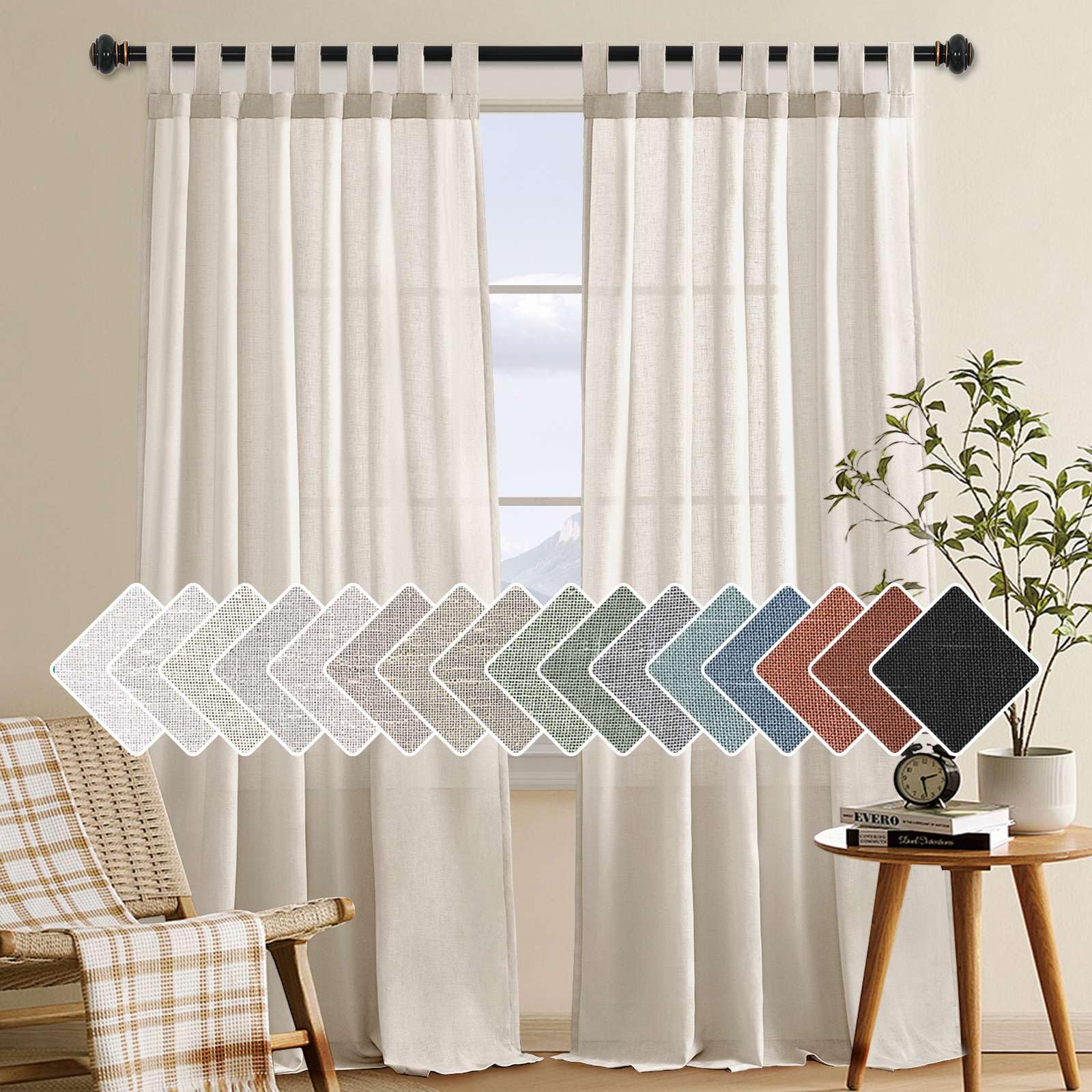 H.VERSAILTEX natural linen tab top panel diffuses light for a cozy living room ambiance.