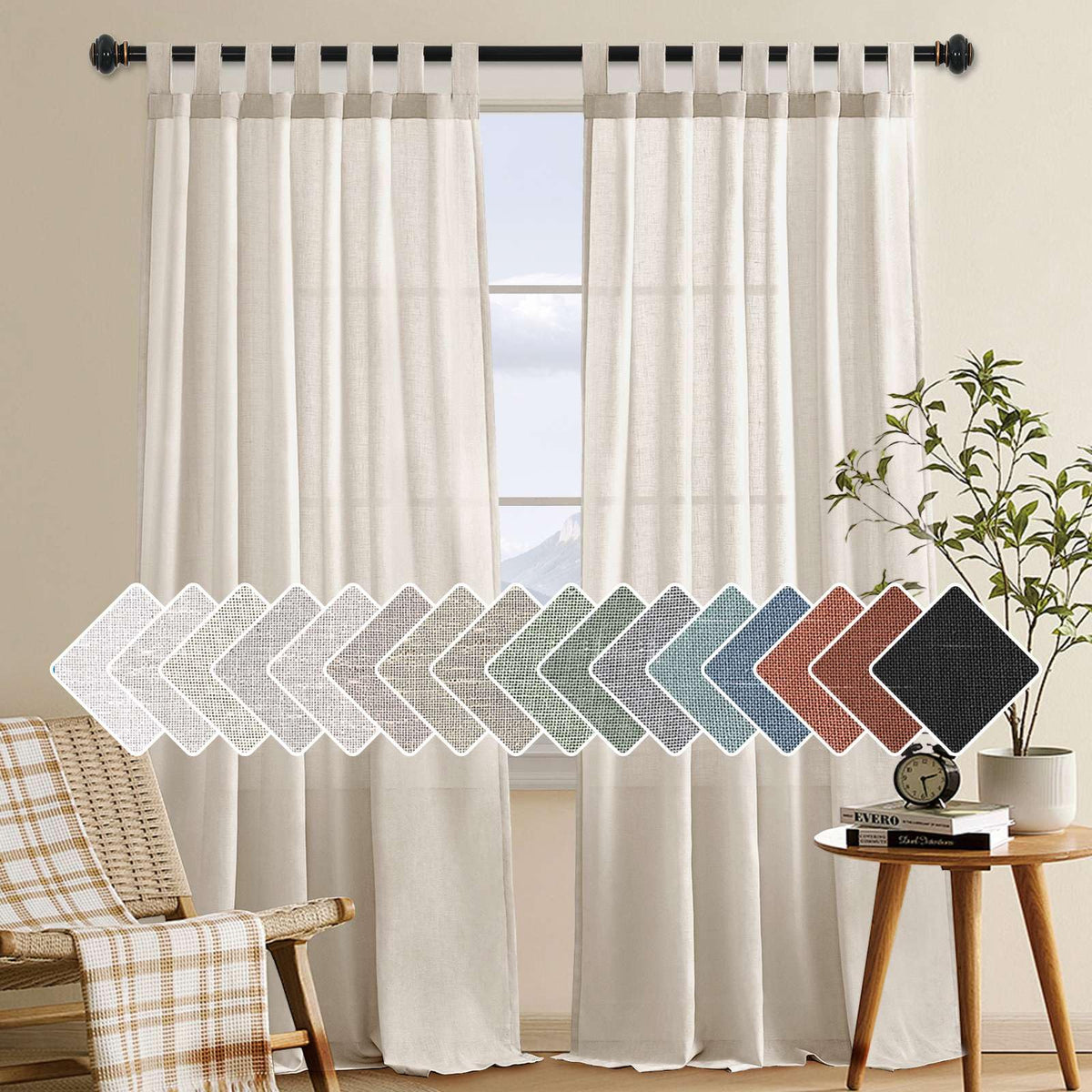 H.VERSAILTEX natural linen tab top panel diffuses light for a cozy living room ambiance.