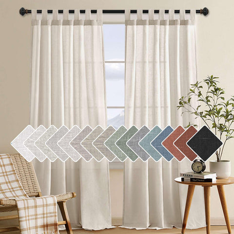 H.VERSAILTEX natural linen tab top panel diffuses light for a cozy living room ambiance.