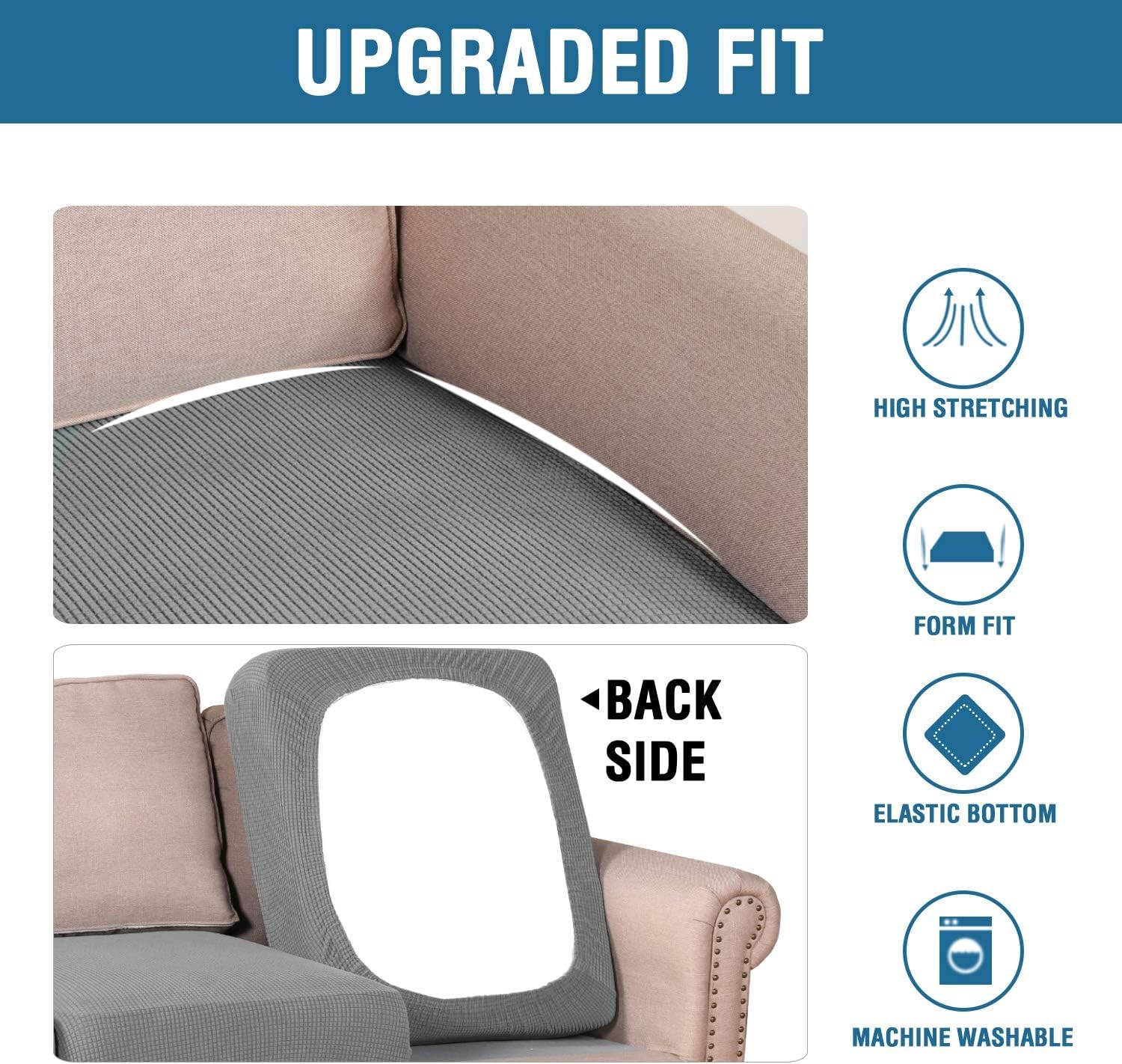 Non-slip elastic loops on H.VERSAILTEX dove cushion cover for quick setup.