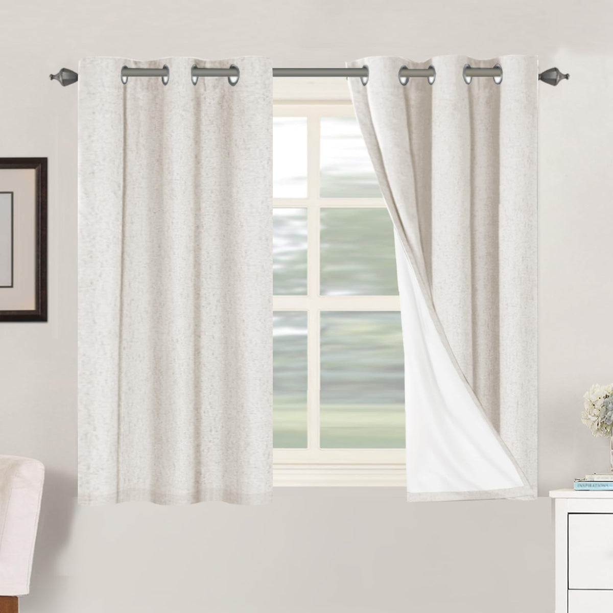 H.VERSAILTEX Primitive Linen Curtains package showing two panels, blackout option for restful mornings.