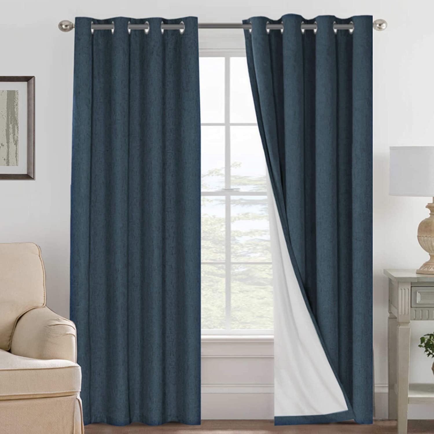 H.VERSAILTEX navy linen blackout curtain panel with anti-rust grommets for privacy.