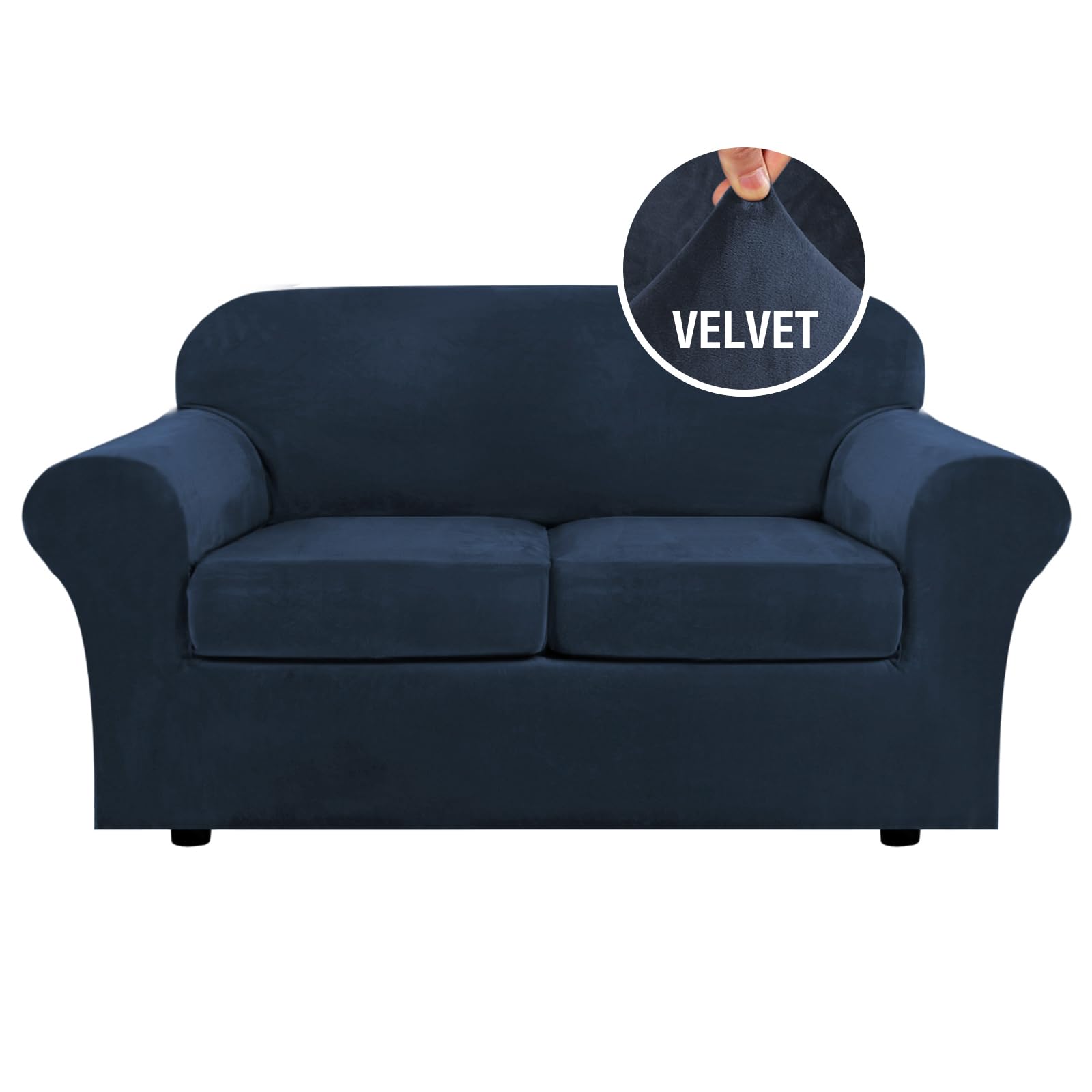 H.VERSAILTEX base cover on navy sofa offers snug slip resistant protection