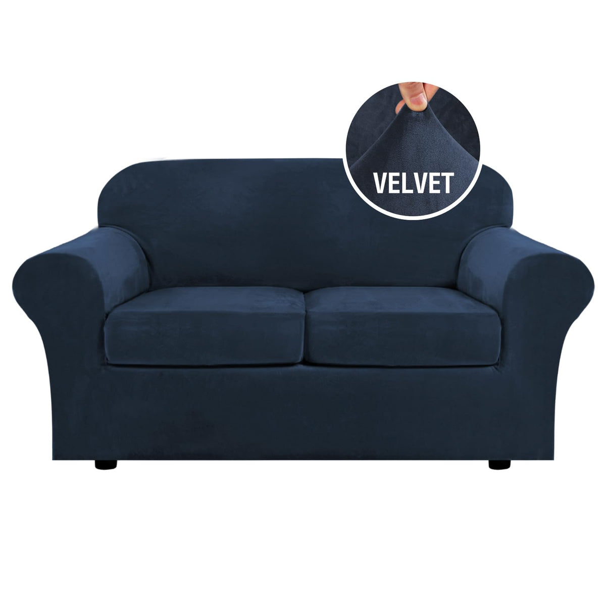H.VERSAILTEX base cover on navy sofa offers snug slip resistant protection