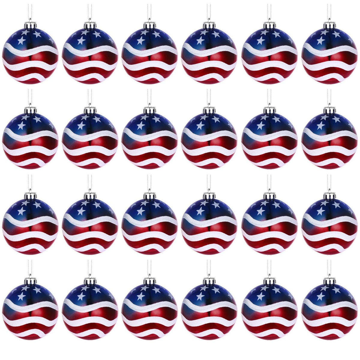 H&W American patriotic ball ornaments 24pc pack for festive holiday and event decor.