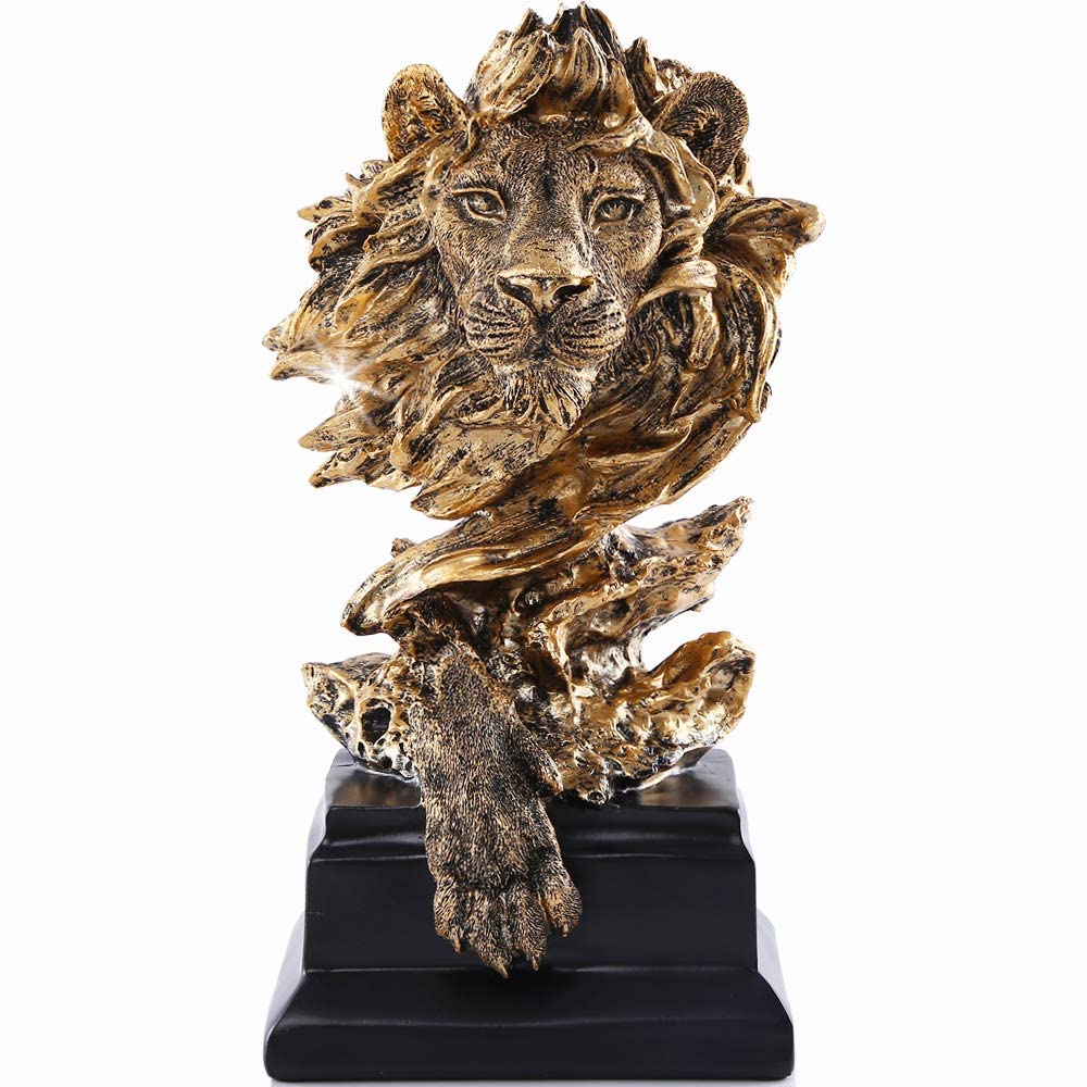 H&W Sandstone Lion front view, a regal golden statue for stylish home decor.