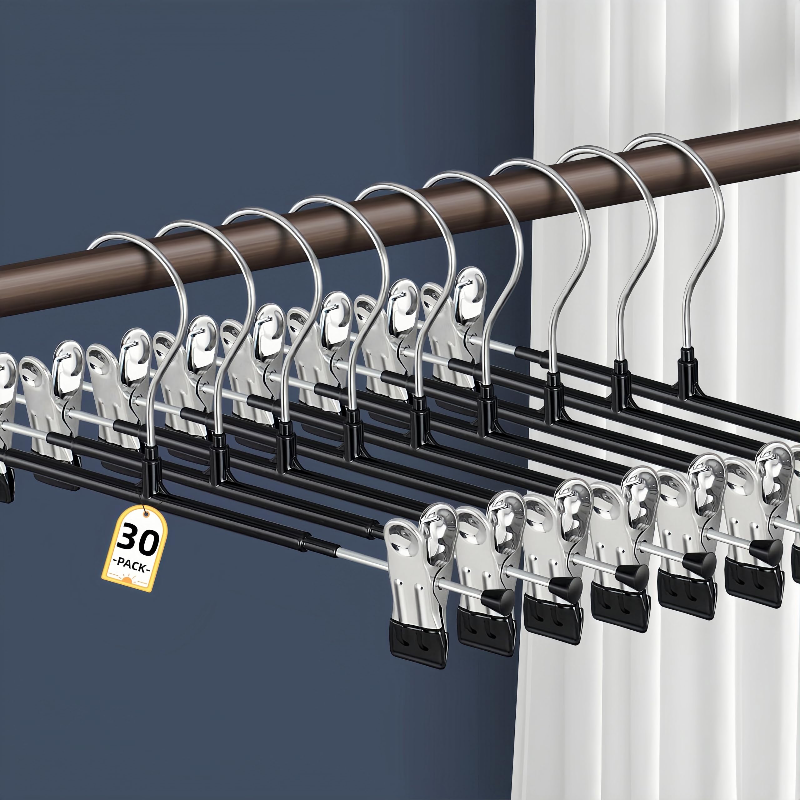 HWAJAN 30pack pants hanger with clips secures pants without slipping.