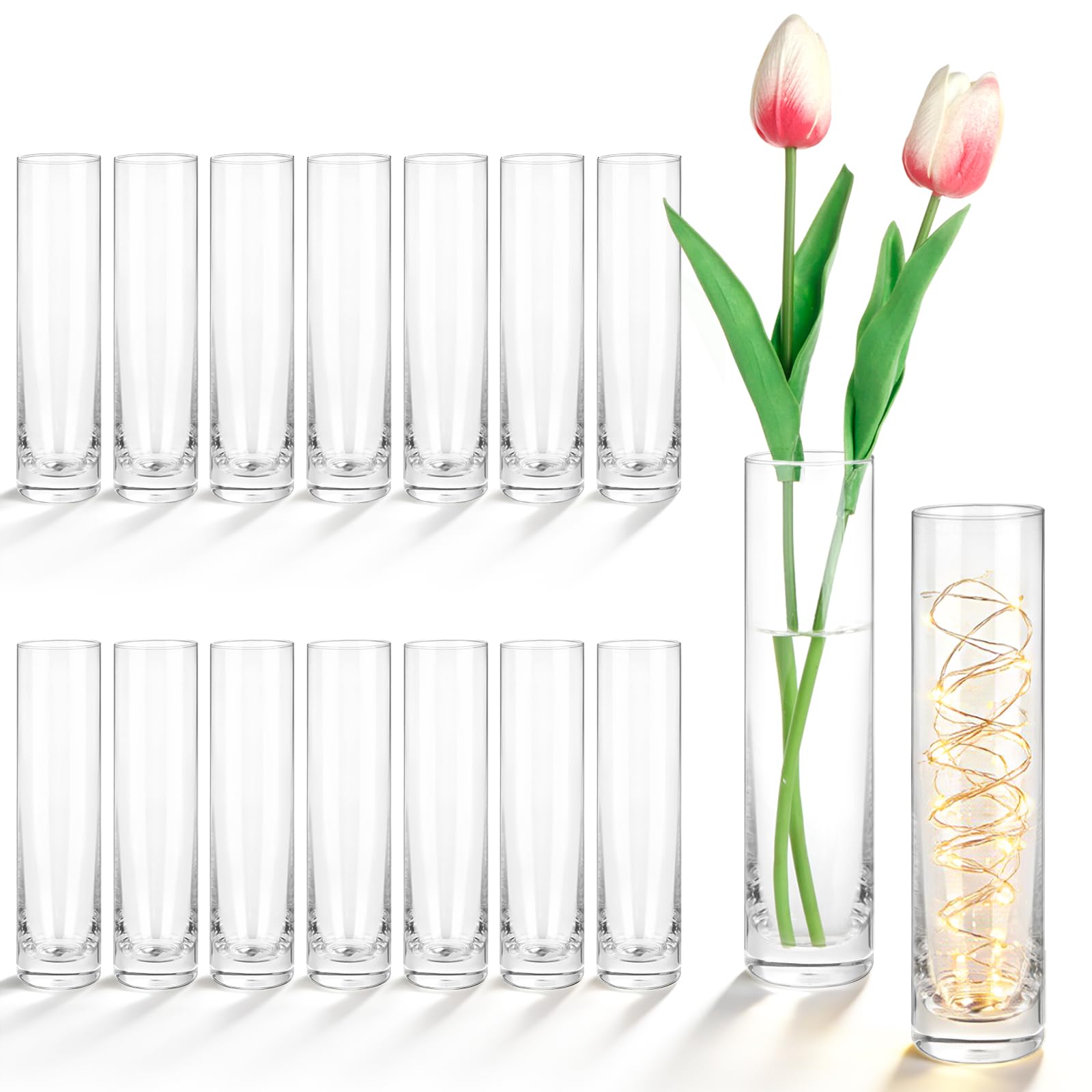 HWASHIN 16-pack glass cylinder vases for spotlighting single stems at events.
