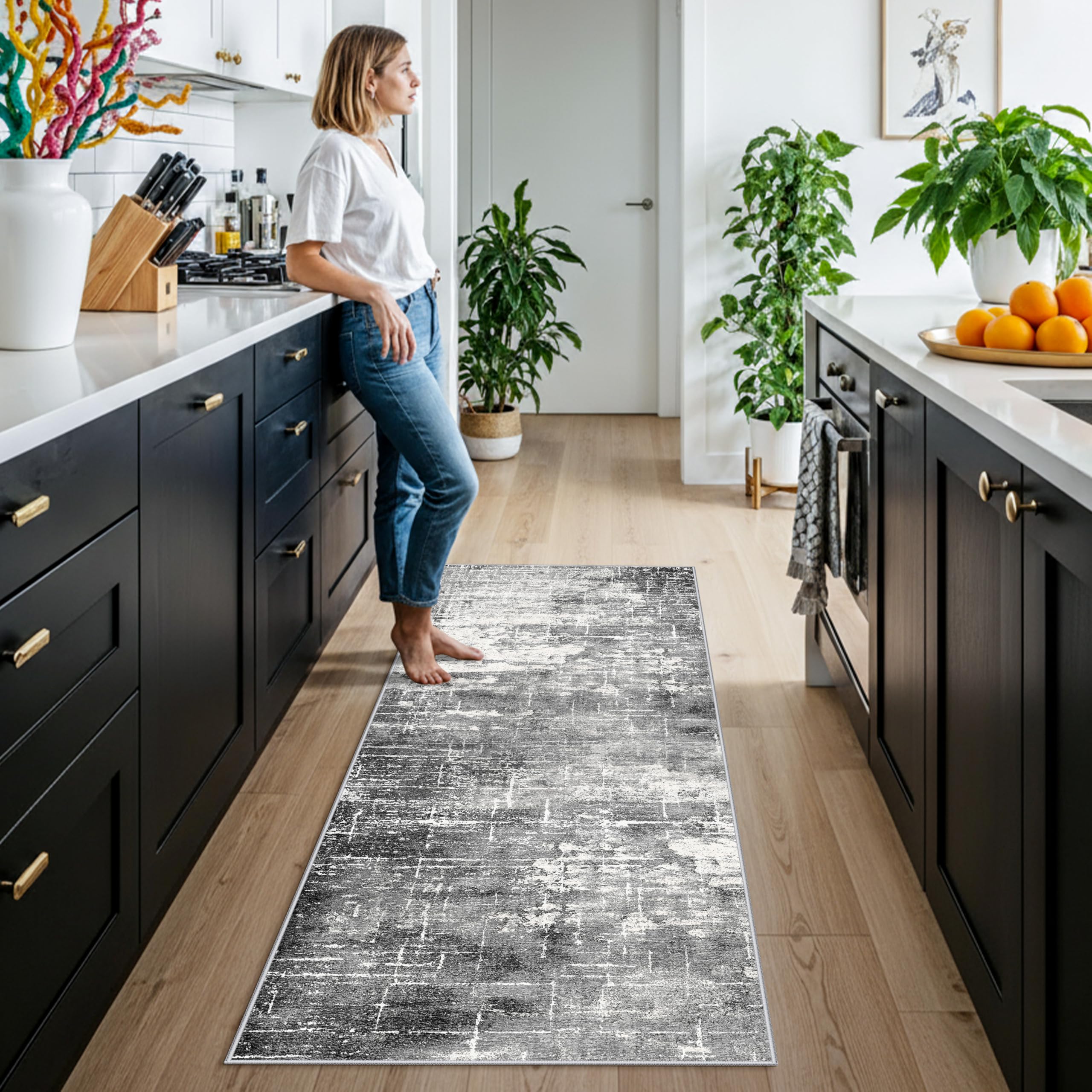 HY HAO YUN LAI 2x6 abstract kitchen runner in black and grey with non-slip backing.