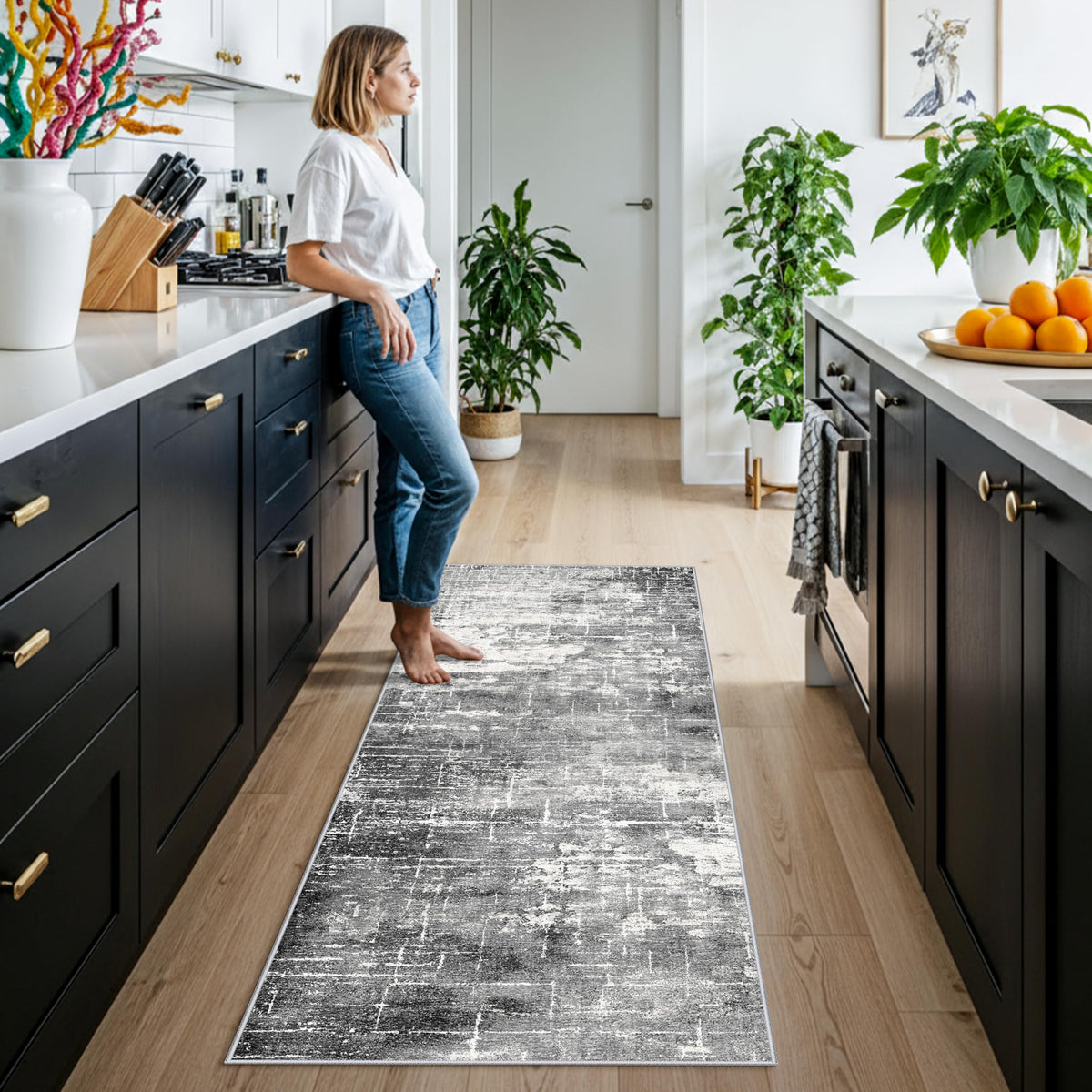 HY HAO YUN LAI 2x6 abstract kitchen runner in black and grey with non-slip backing.