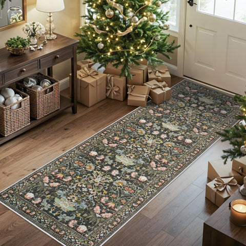 HY HAO YUN LAI 2x6 runner rug green close-up weave highlighting vintage floral details.