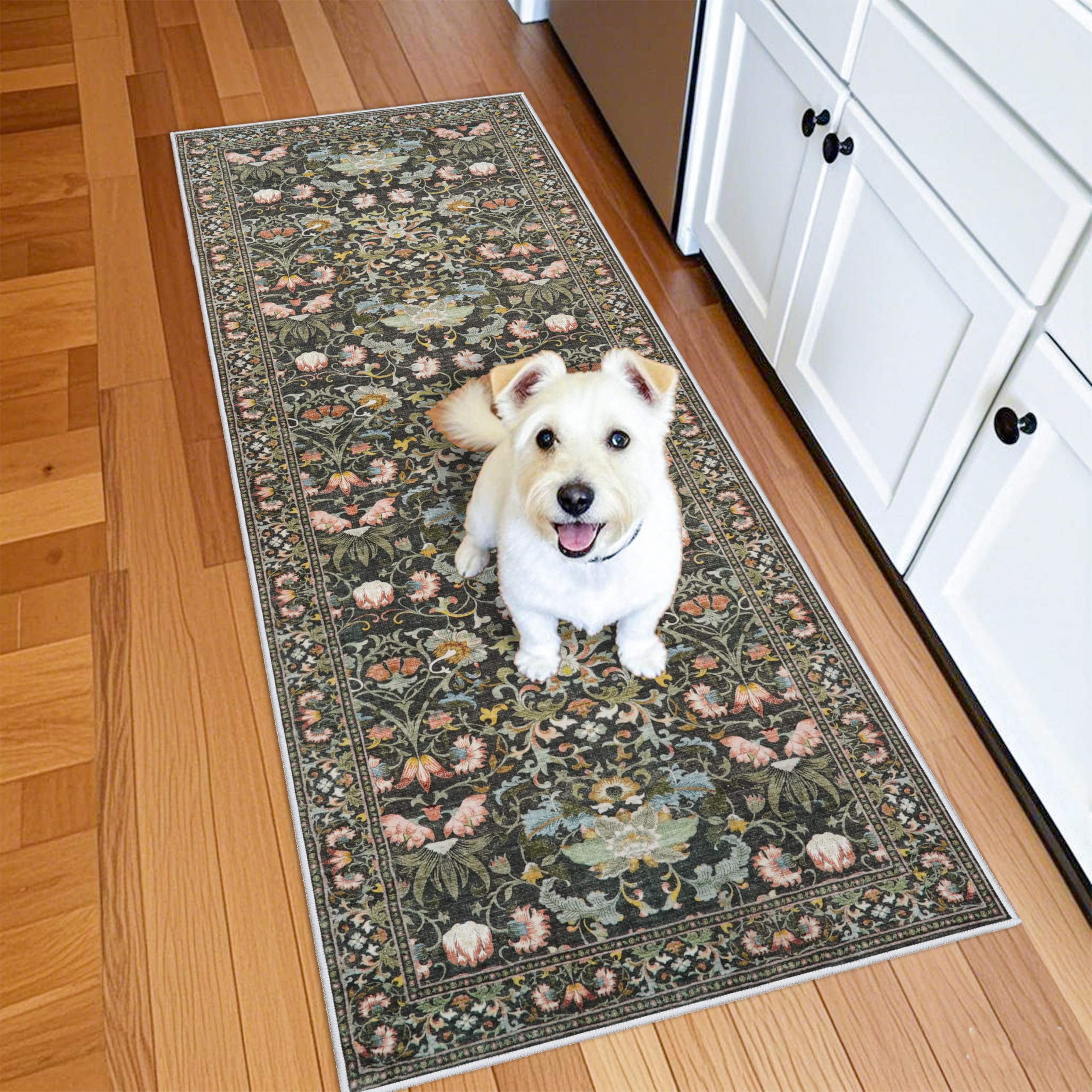 HY HAO YUN LAI 2x6 runner rug green full view with non-slip backing.