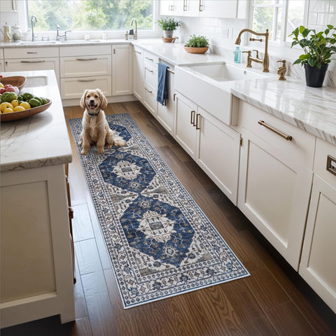 HY HAO YUN LAI 2x6 washable hallway runner in blue with soft texture for easy cleaning.