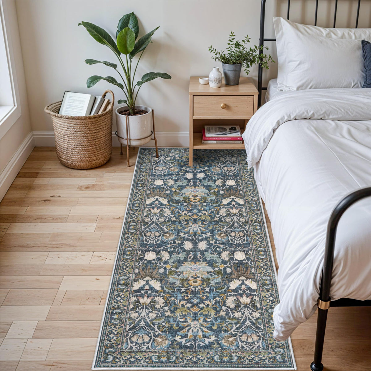 HY HAO YUN LAI floral blue rug adds vibrant entryway color.