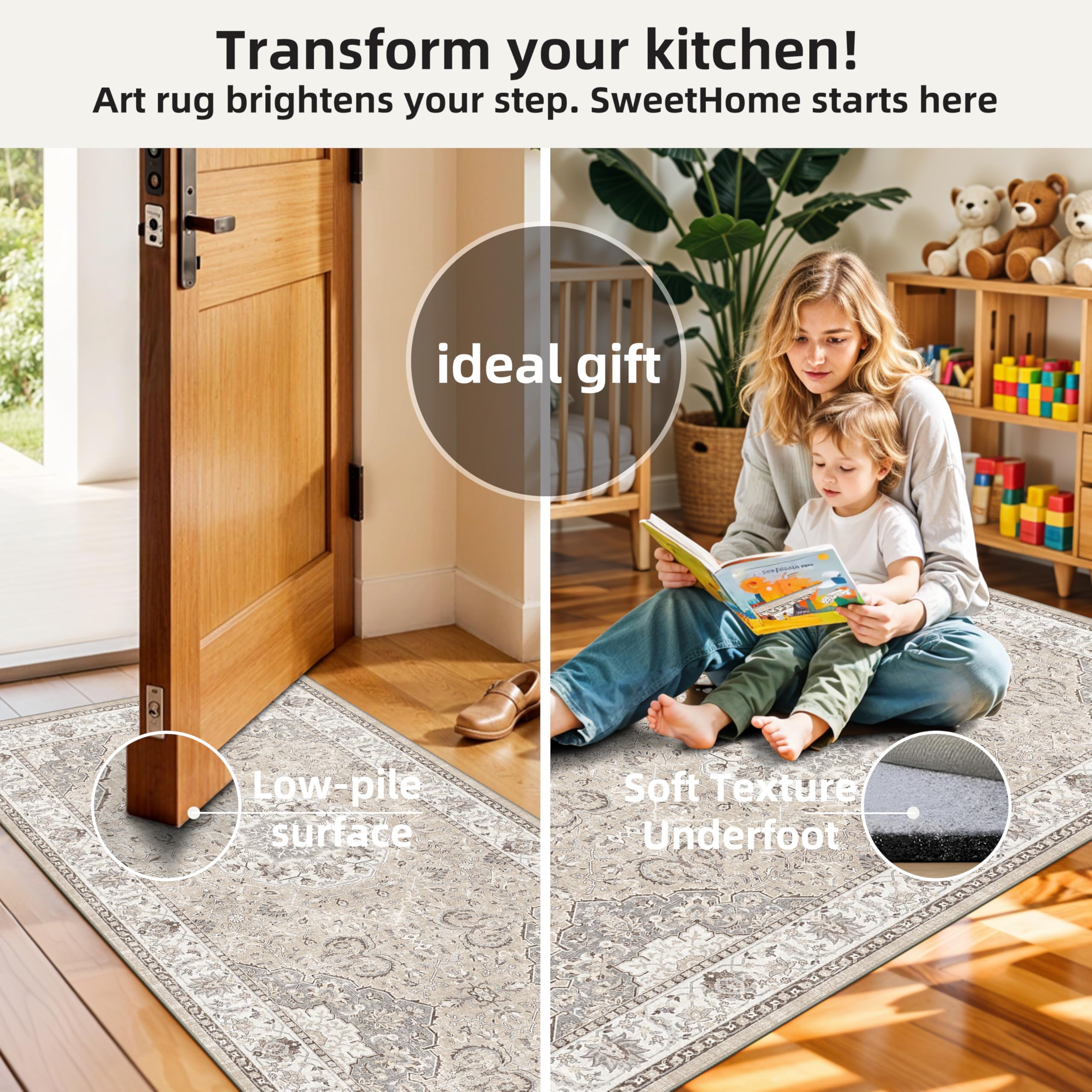 HY HAO YUN LAI neutral rug set complements diverse kitchen decor.