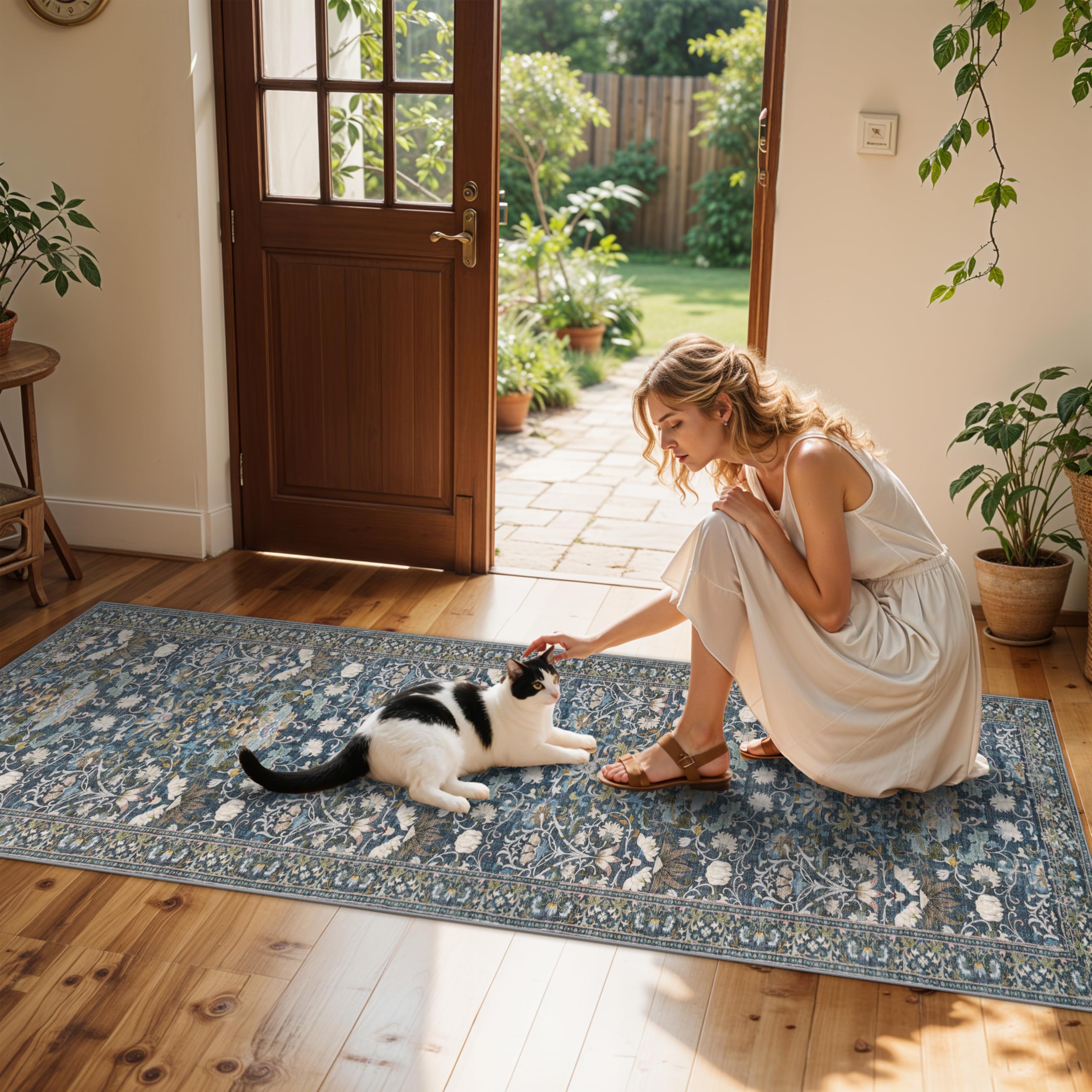 HY HAO YUN LAI floral blue pattern entryway rug enhances curb appeal and decor.