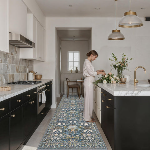 HY HAO YUN LAI hallway runner in floral blue enhances entryway style and comfort.