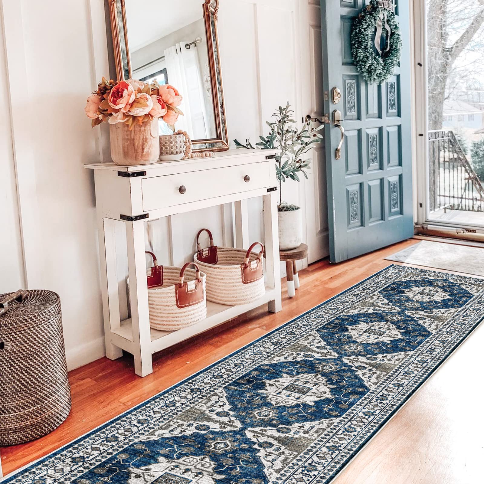 HY HAO YUN LAI hallway runner blue entryway full view shows vintage design