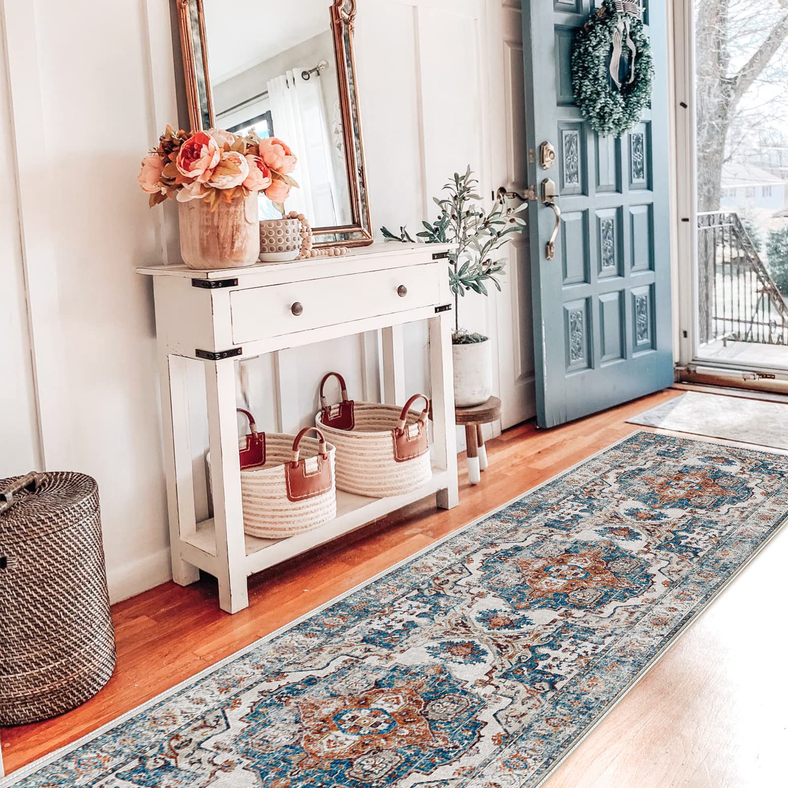 HY HAO YUN LAI hallway runner brick entryway showcases bold color.