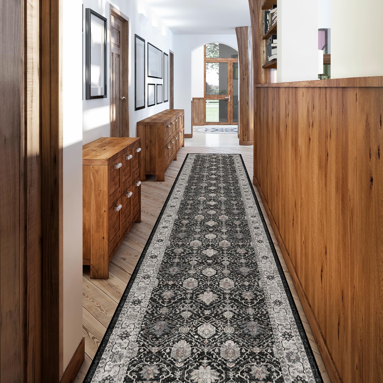 HY HAO YUN LAI hallway runner rug 2'6x12 in black adds understated elegance for entryways.