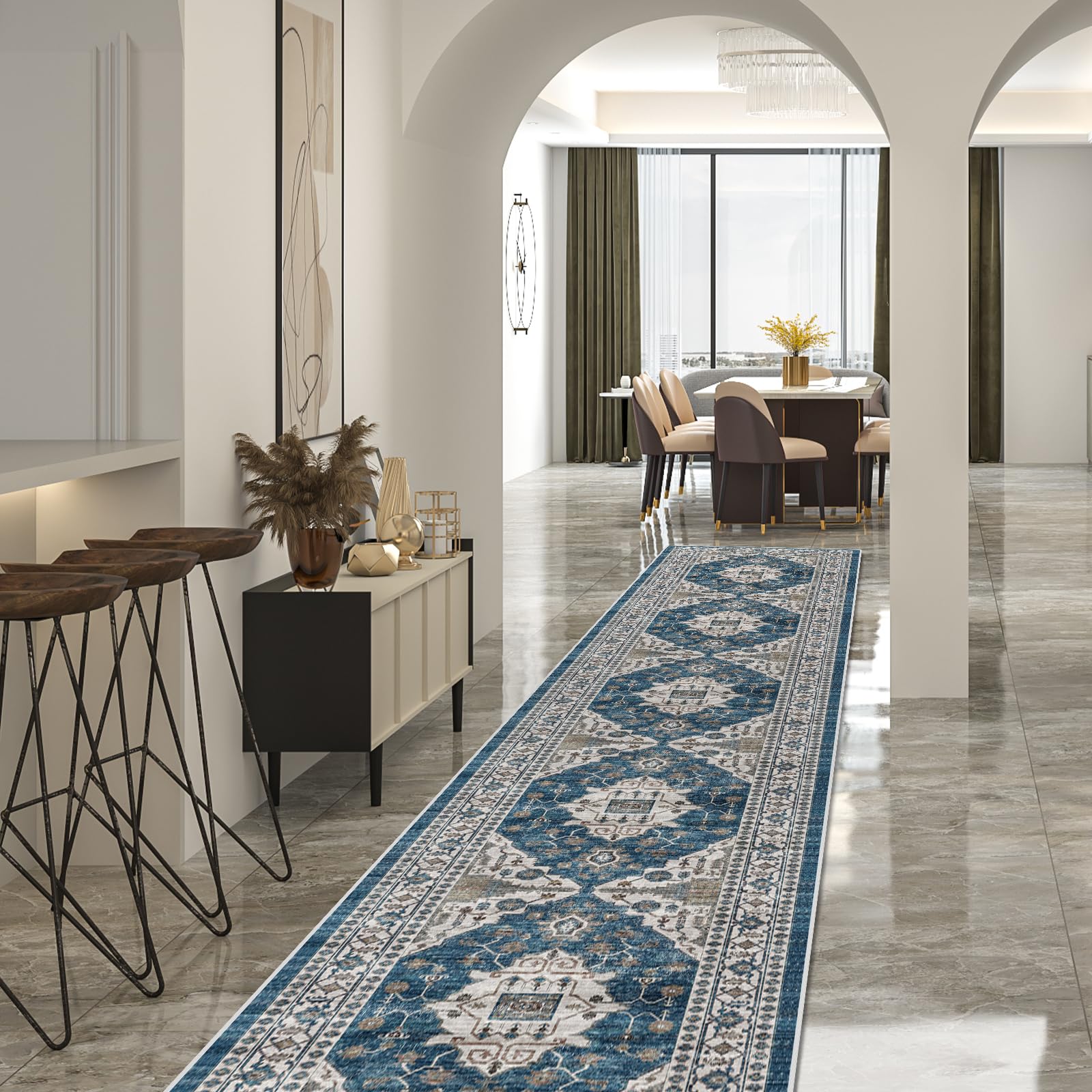 HY HAO YUN LAI hallway runner rug in blue, side view showing vibrant pattern and non-slip surface.