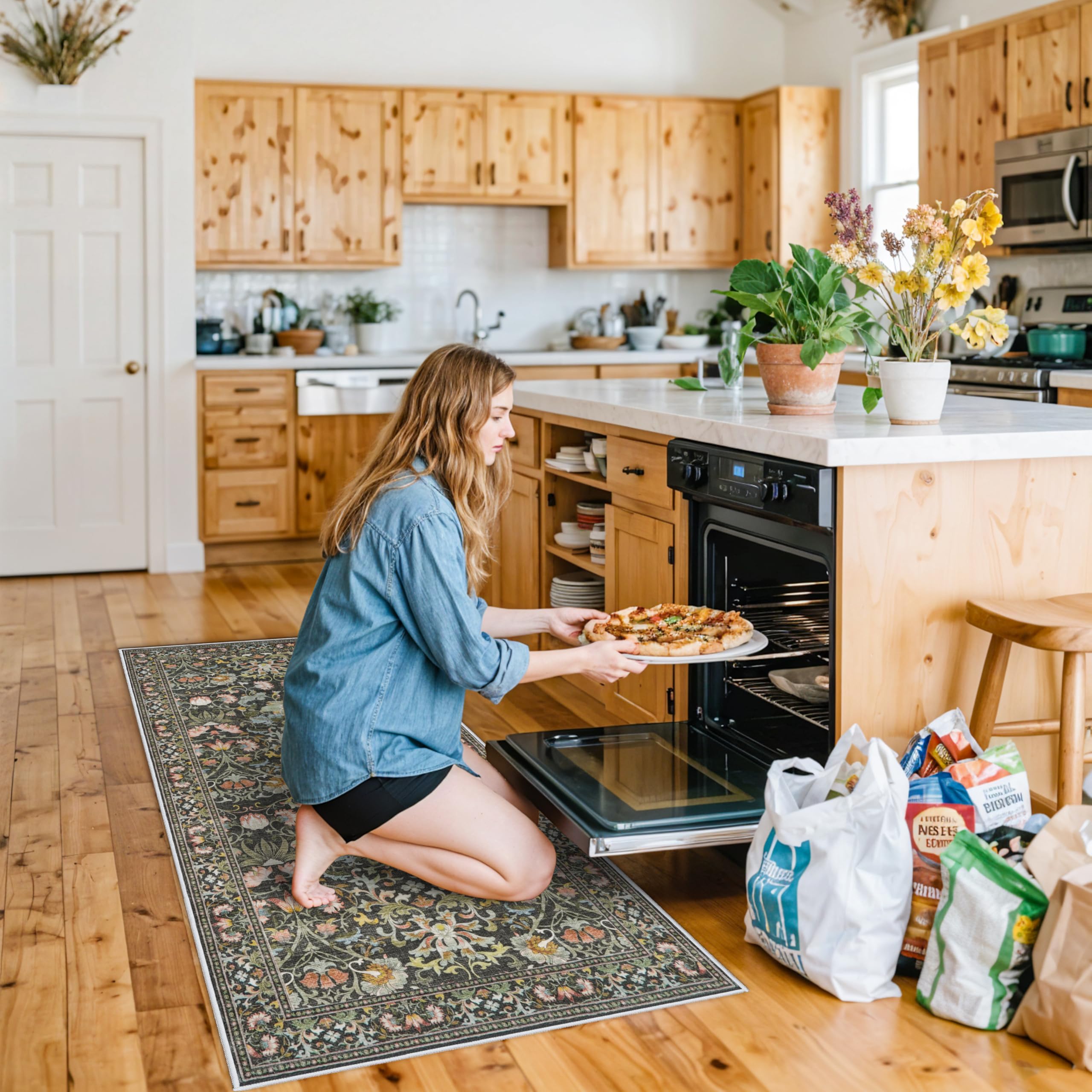 Green vintage floral pattern complements farmhouse-inspired decor.