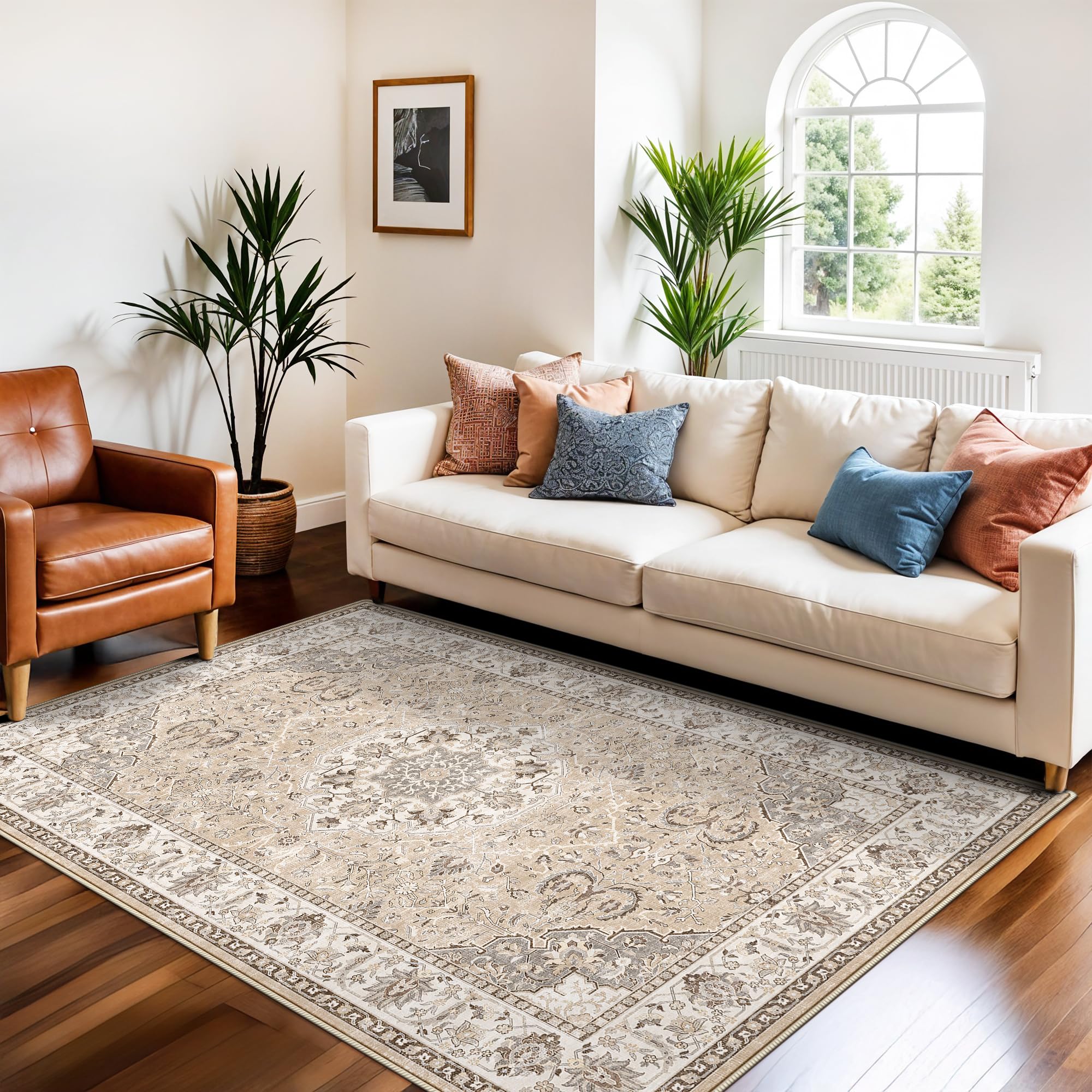 HY HAO YUN LAI 4x6 beige living room rug with non-slip backing for safer high-traffic areas.