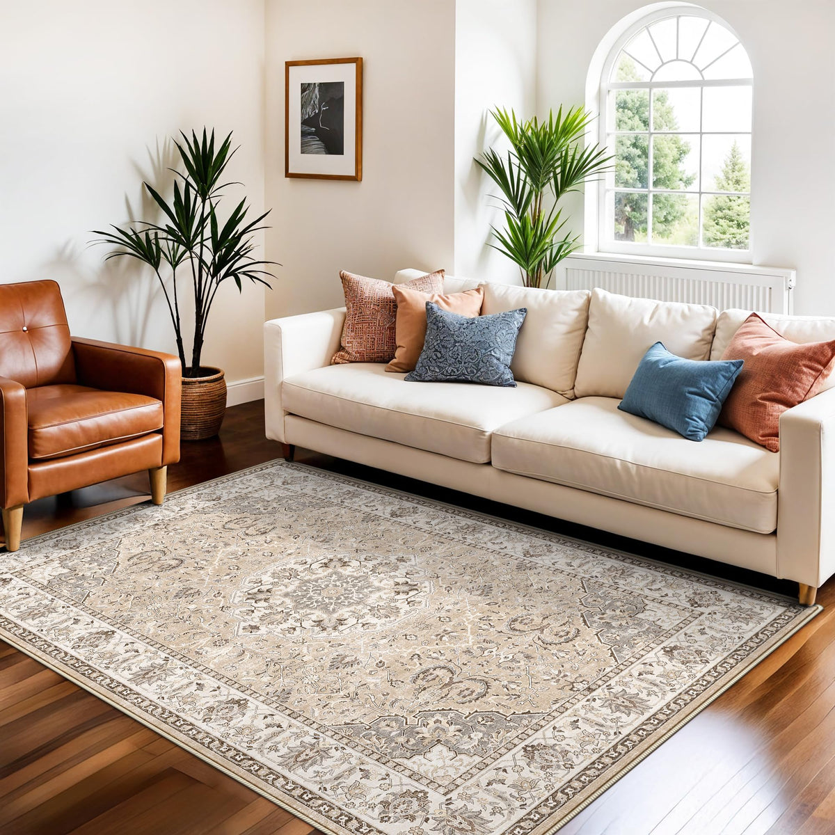 HY HAO YUN LAI 4x6 beige living room rug with non-slip backing for safer high-traffic areas.