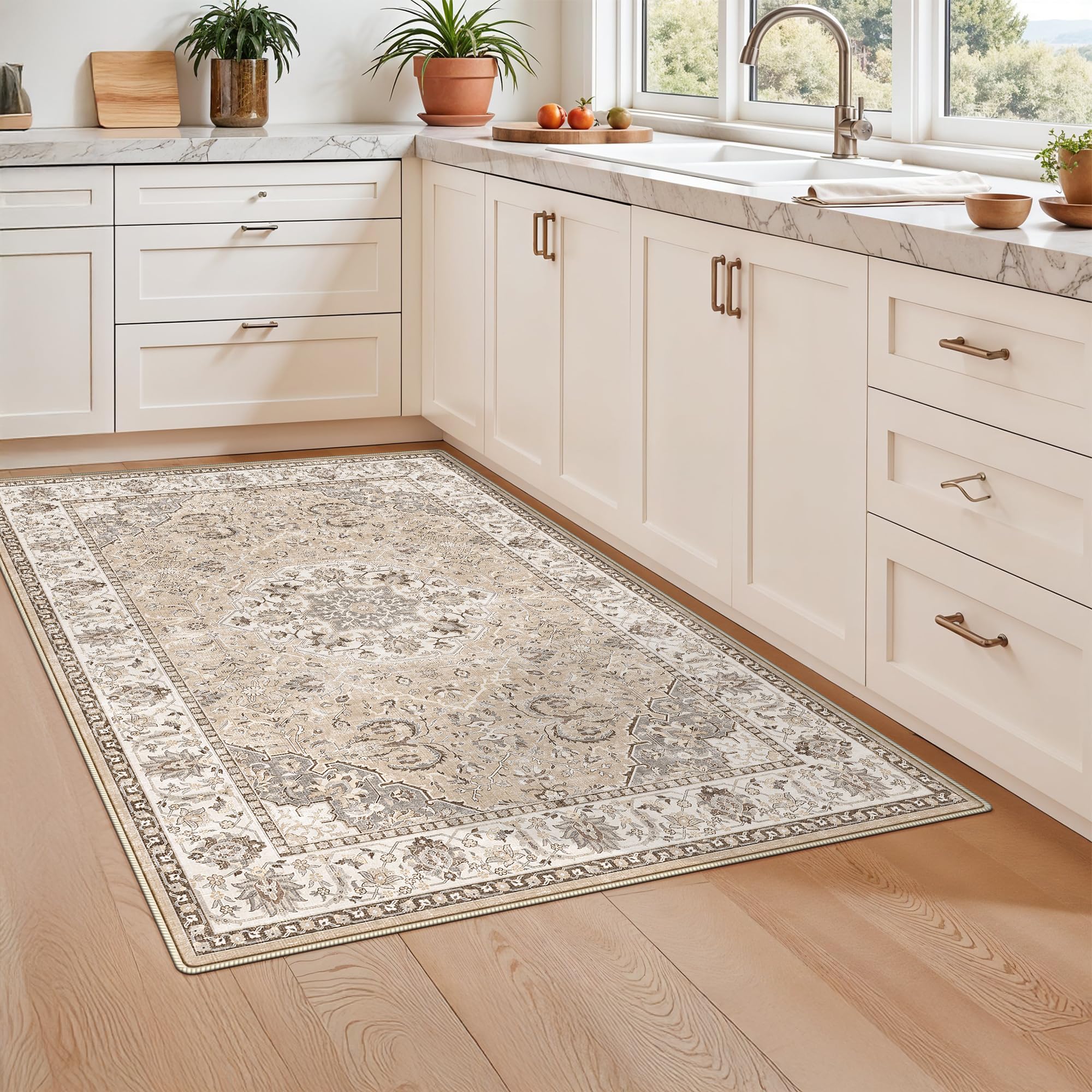 HY HAO YUN LAI machine washable beige rug for easy cleanup.
