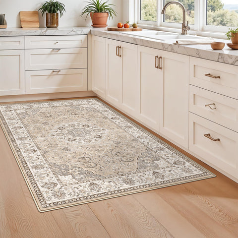 HY HAO YUN LAI machine washable beige rug for easy cleanup.