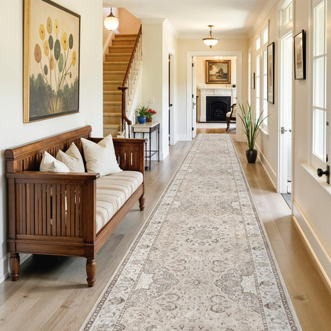 HY HAO YUN LAI vintage-pattern beige rug complements varied decor.