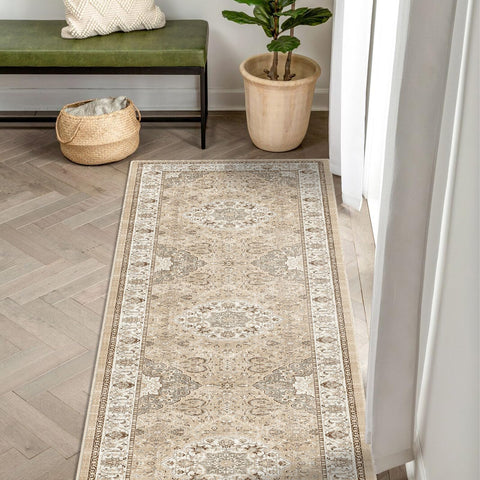 HY Hao Yun Lai beige rug complements light decor while hiding everyday dust.