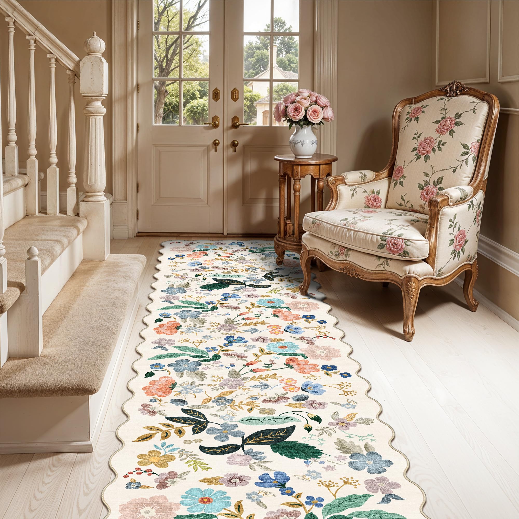 HY HAO YUN LAI washable hallway runner in cream with vintage floral pattern for easy care entryways.