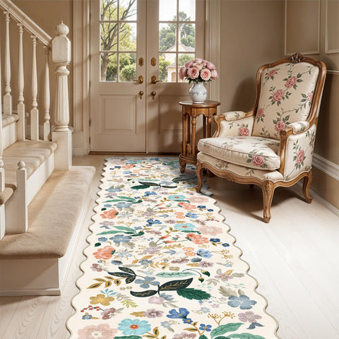 HY HAO YUN LAI washable hallway runner in cream with vintage floral pattern for easy care entryways.