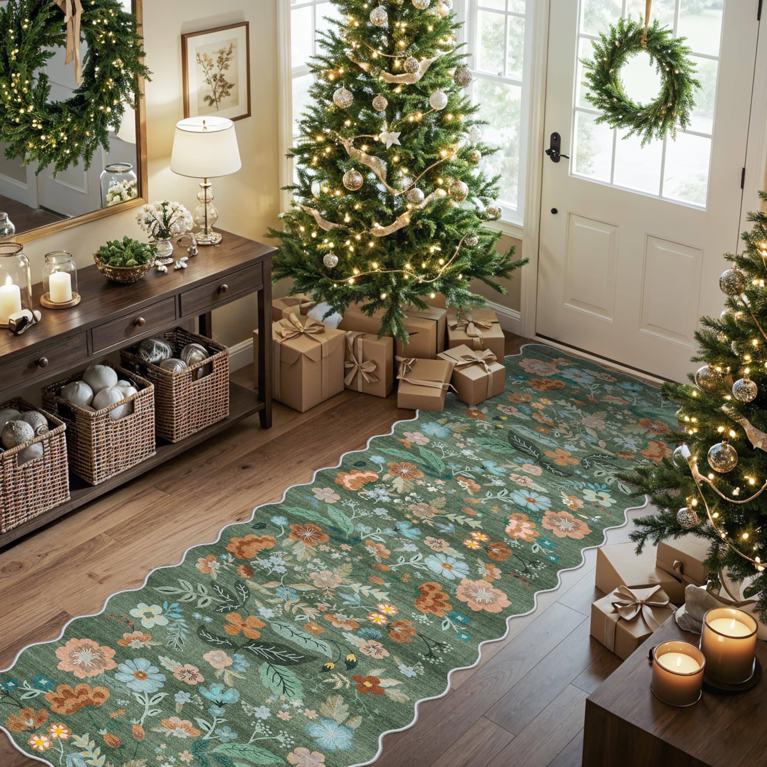HY HAO YUN LAI washable hallway rug in floral green pattern adds Boho flair