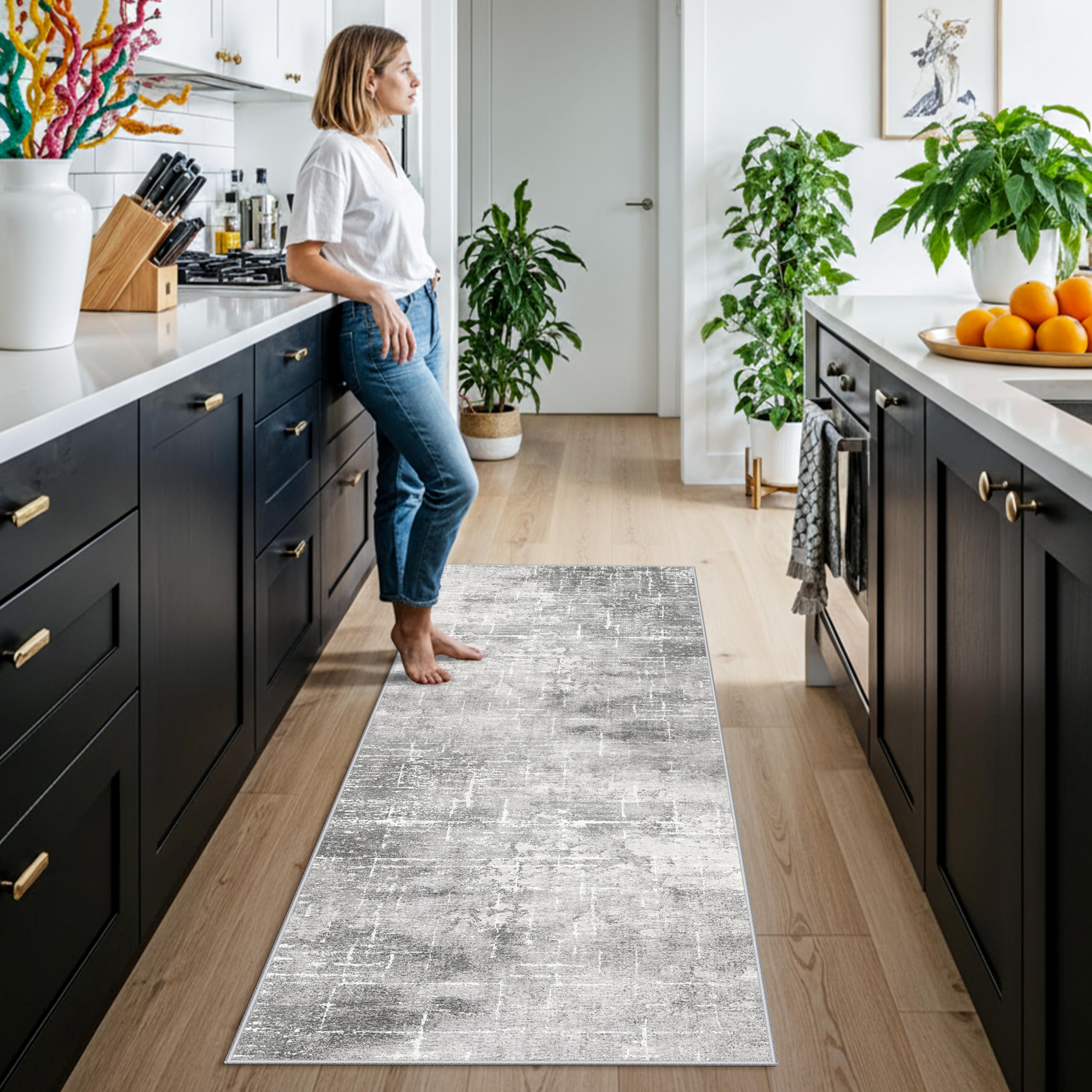 HY HAO YUN LAI washable abstract 2x6 rug in light grey tones to suit versatile decor