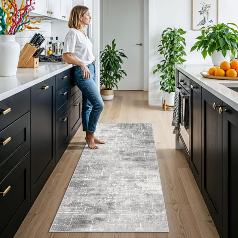 HY HAO YUN LAI washable abstract 2x6 rug in light grey tones to suit versatile decor