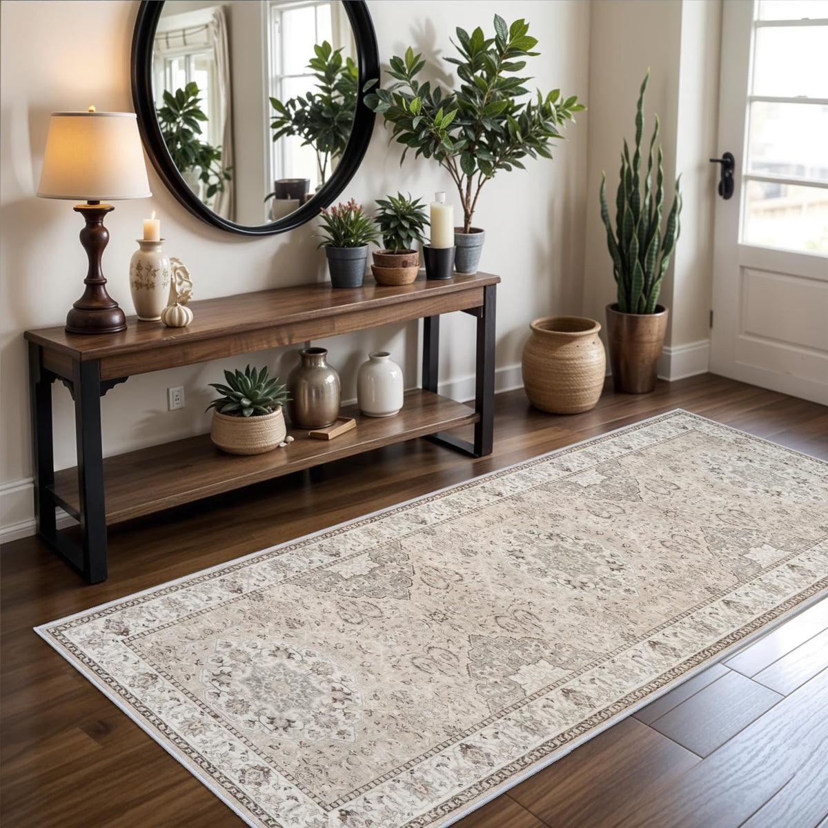 HY Hao Yun Lai washable entryway 3x7 rug front view shows soft beige texture for entryways