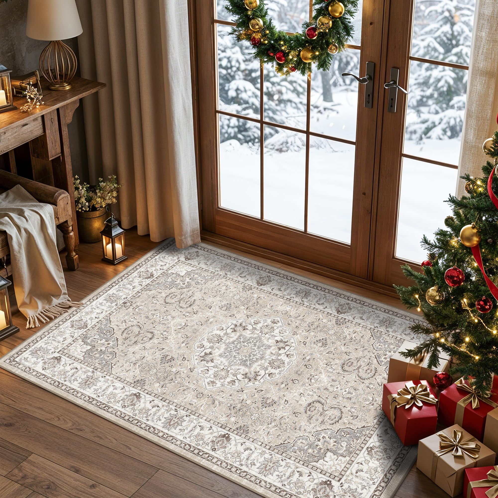 HY HAO YUN LAI washable hallway rug in beige, easy to clean.