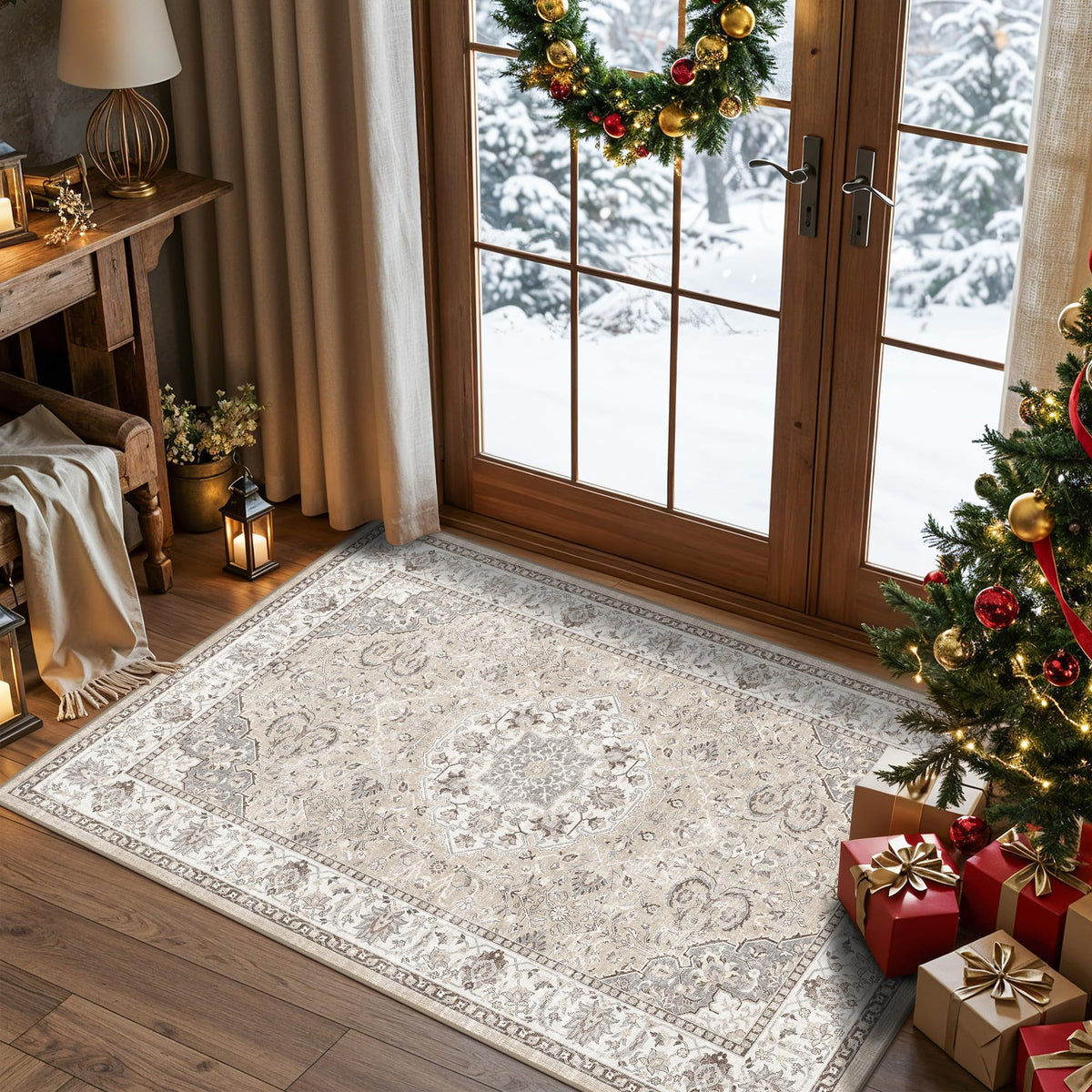 HY HAO YUN LAI washable hallway rug in beige, easy to clean.