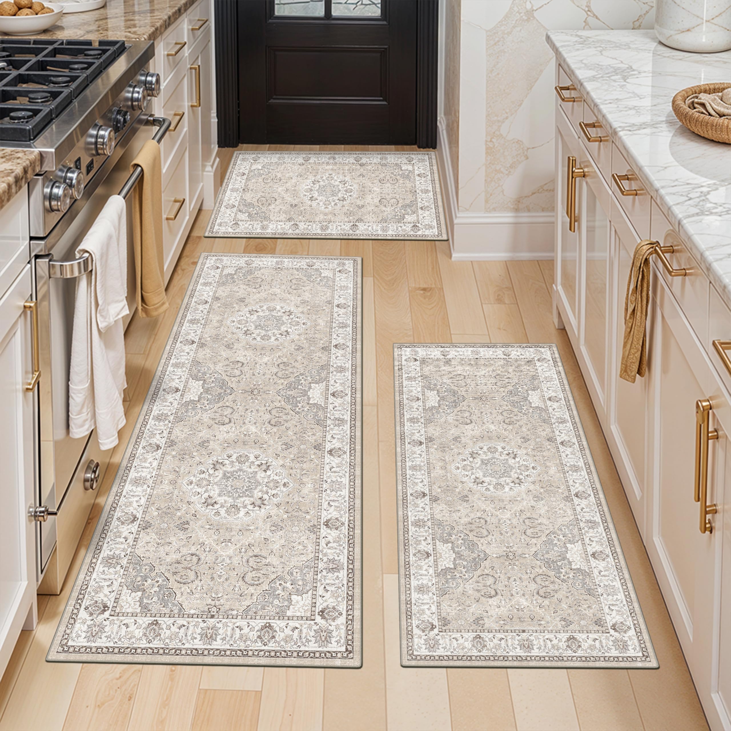 HY HAO YUN LAI washable kitchen rug set beige, overview image showing cozy protection for busy floors