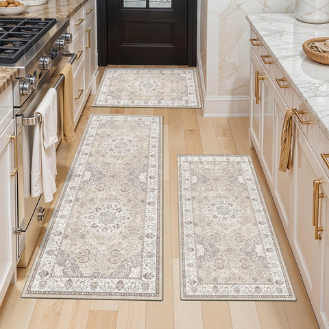 HY HAO YUN LAI washable kitchen rug set beige, overview image showing cozy protection for busy floors