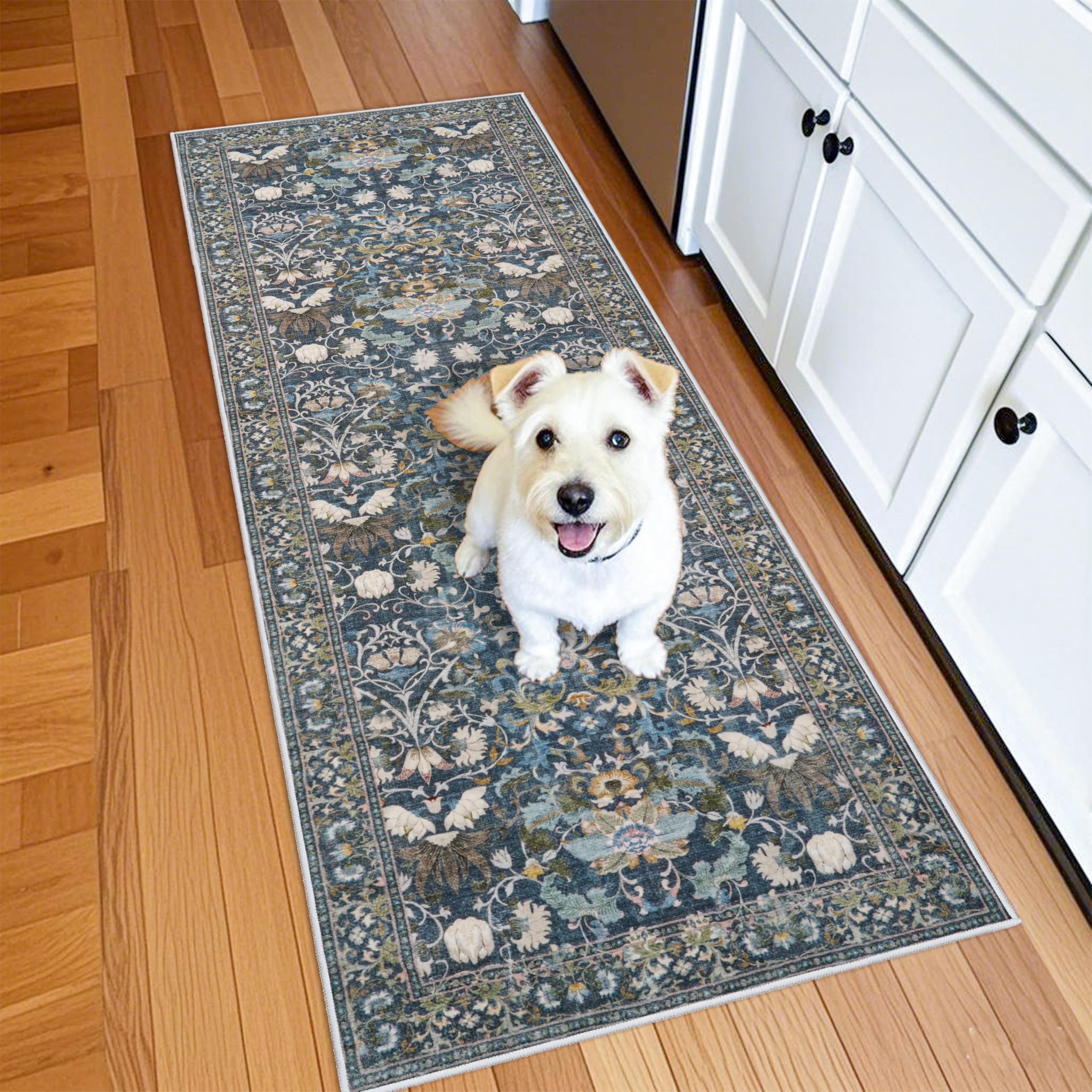 HY HAO YUN LAI blue floral 2x6 rug, washable, ideal for busy hallways and entryways.
