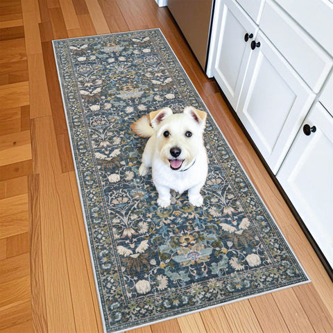 HY HAO YUN LAI blue floral 2x6 rug, washable, ideal for busy hallways and entryways.