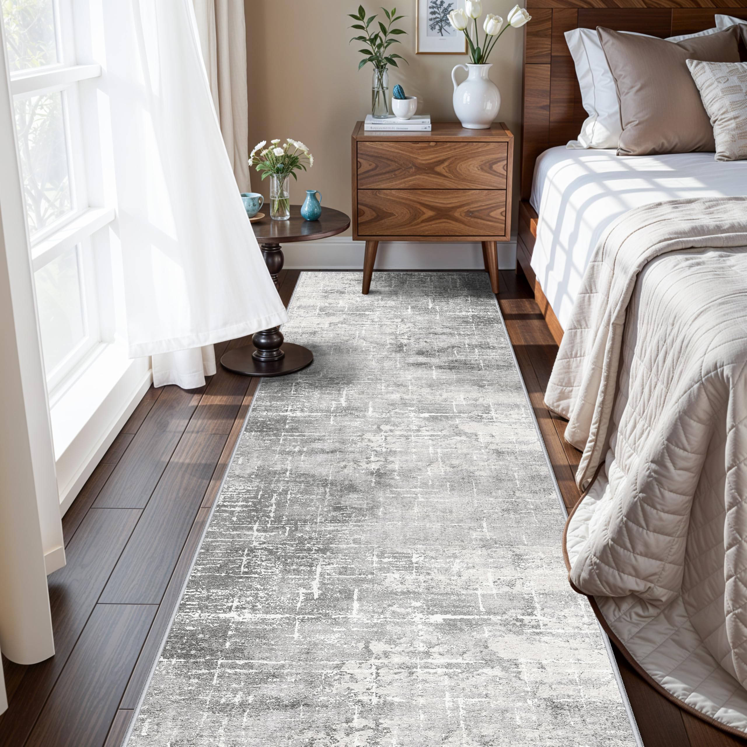 HY HAO YUN LAI abstract 2x8 runner in light grey, non-slip for busy hallways.