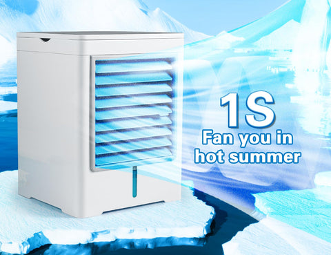 Hyanexvexal portable air cooler side view highlighting compact design for small spaces
