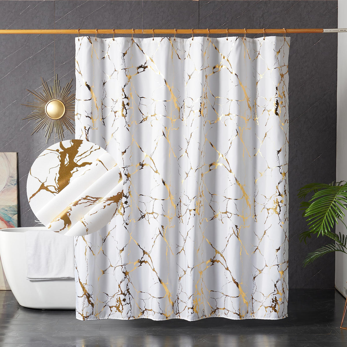 HYAWGE white gold marble shower curtain in waterproof fabric for a sleek bathroom