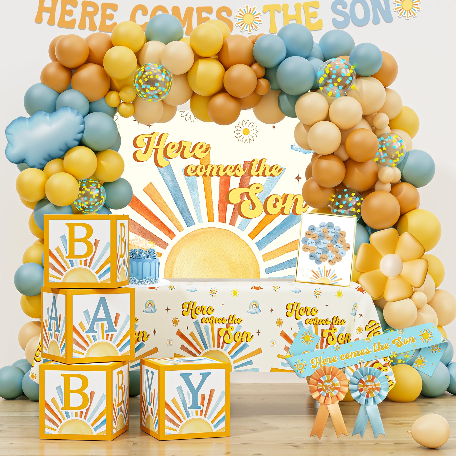 HYCSANBAO Here Comes the Son backdrop adds festive baby shower ambiance.